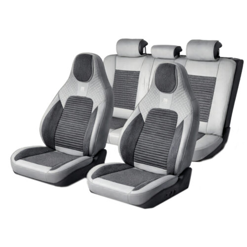 Set huse scaune auto Premium, model BLAZE Elite, design Sportiv,  universale, ergonomice, Piele Ecologica cu insertii textile, culoare Gri/Crem