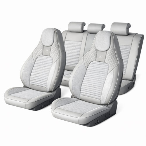 Set huse scaune auto Premium, model BLAZE Luxor, design Sportiv,  universale, ergonomice, Piele Ecologica cu insertii textile, culoare Crem/Gri