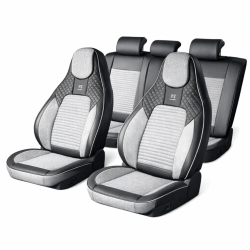 Set huse scaune auto Premium, model BLAZE Prime, design Sportiv,  universale, ergonomice, Piele Ecologica cu insertii textile, culoare Negru/Gri