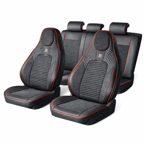 Set huse scaune auto Premium, model BLAZE Torque, design Sportiv,  universale, ergonomice, Piele Ecologica cu insertii textile, culoare Negru/Rosu
