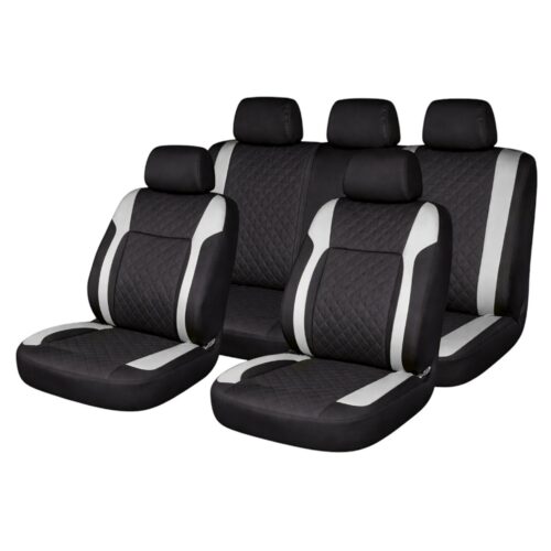 Set huse scaune auto Premium, model DIAMOND Core, design Sportiv,  universale, ergonomice, Piele Ecologica Matlasata, culoare Negru/Gri