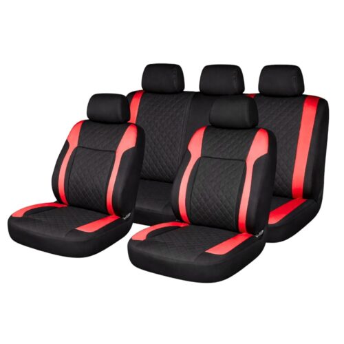 Set huse scaune auto Premium, model DIAMOND Racer, design Sportiv,  universale, ergonomice, Piele Ecologica Matlasata, culoare Negru/Rosu